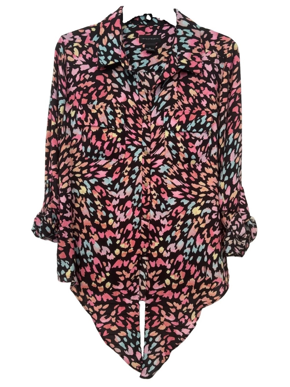 Investments Black Multicolor Print Button-Up Blouse Collar Pockets High Low Hem
